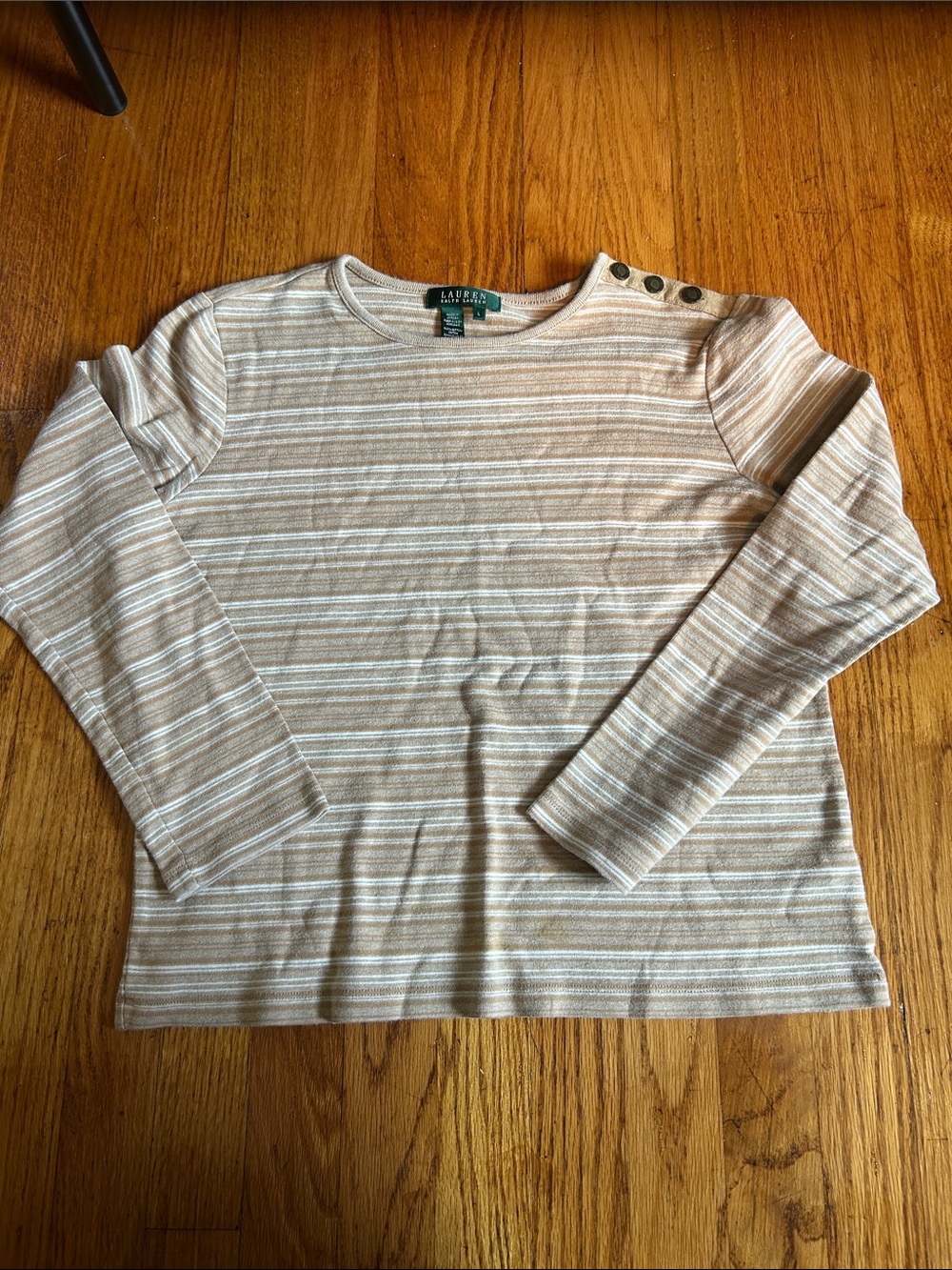 Lauren Ralph Lauren Beige Cream Striped Button-Shoulder Long Sleeve Tee